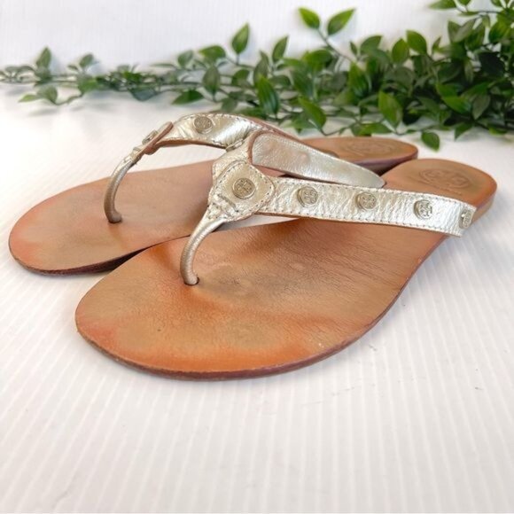 Tory Burch Ricki Studded Sandals Thong Flip Flops Grey Leather Flats 10 - Picture 3 of 9